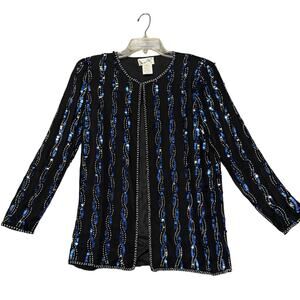 VTG Jennifer Beaded Sequined 100% Silk Tunic Jacket Black Blue White Women M